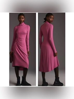 Daily Practice by Anthropologie Pink Ruched Mock Neck Midi Dress L Large